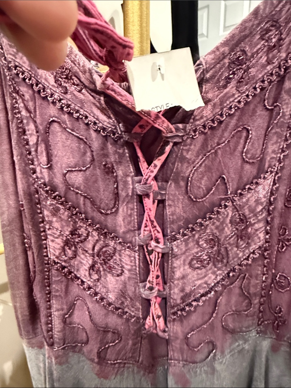 Boho Ombre Tie-Front Layered tunic top- Purple & Green embroidered fits most - Picture 6 of 7